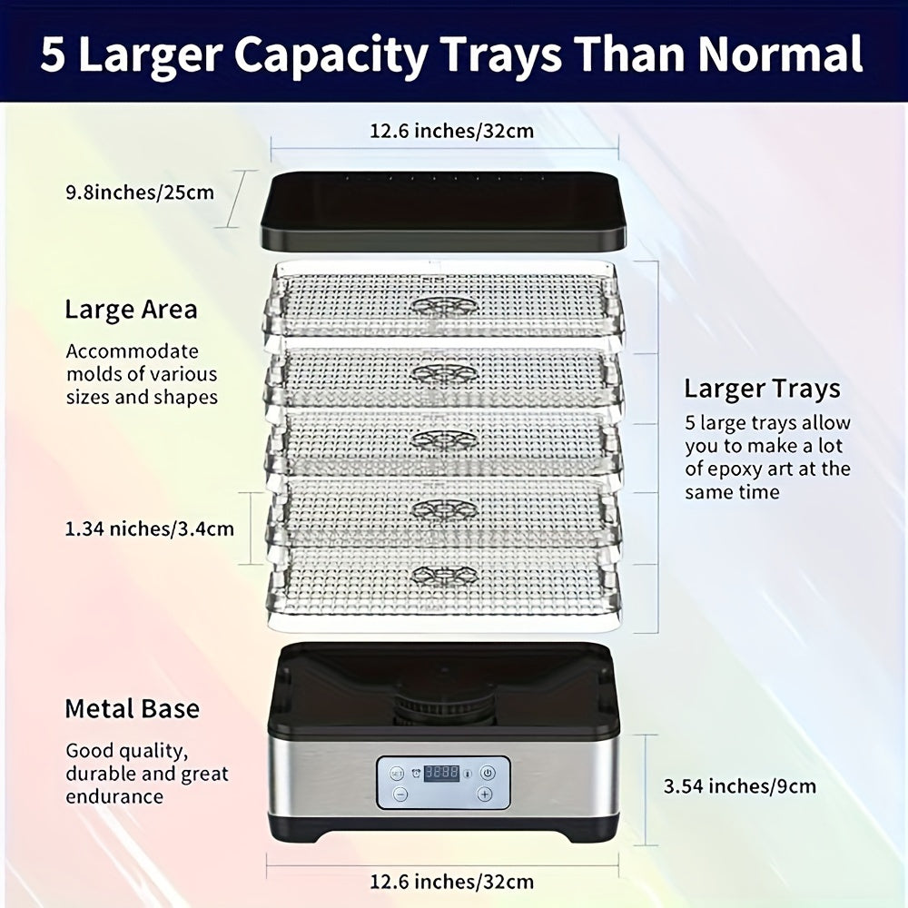 5 ta katta choyshab bilan Smart Food Dehydrator - sozlanadigan harorat, 24 soatlik taymer, o'tlar, mevalar, sabzavotlar va go'shtni quritish uchun ideal - EU rozetkasi, zanglamaydigan po'lat, qishki foydalanish uchun.