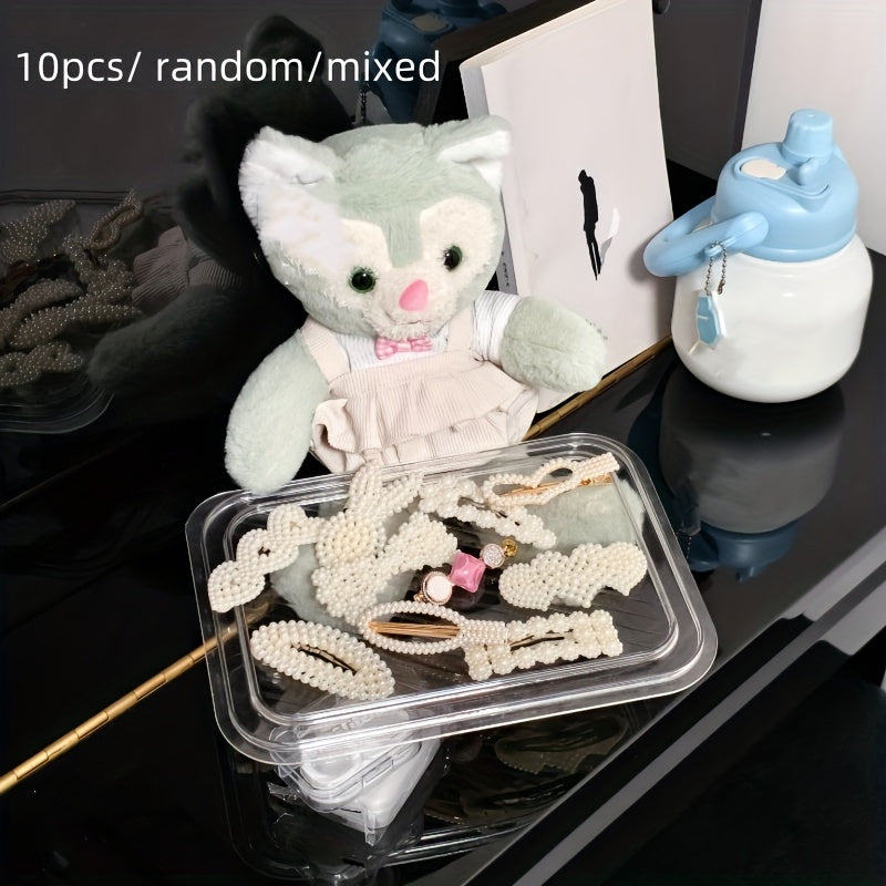 Set of 10 Sweet Style Pearl Hair Clips with Bow Ties and Solid Color Duckbill Grips for Women