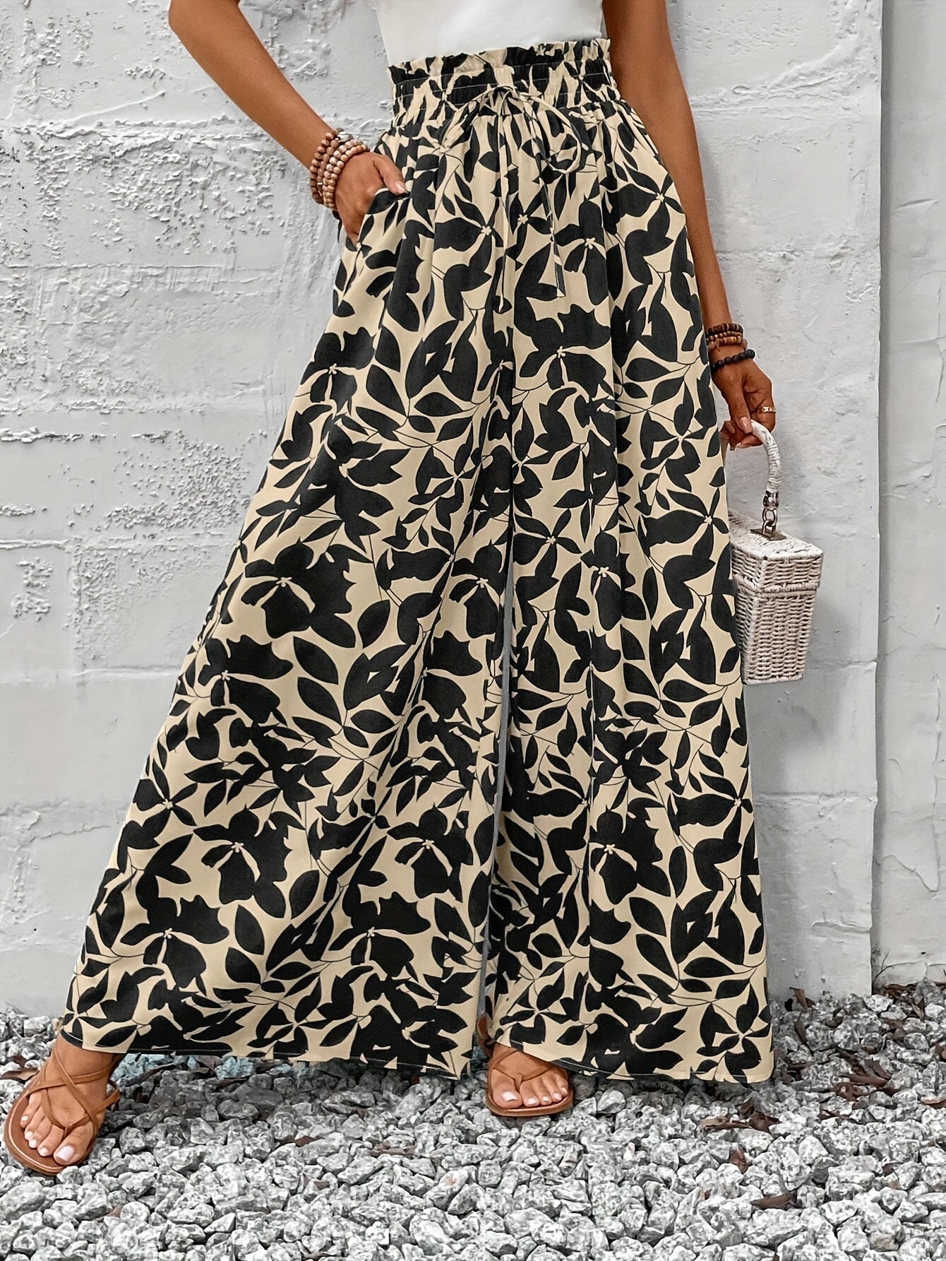 Women's Plus Size Floral Print Wide-Leg Pants Casual Formal Ruffled Hem