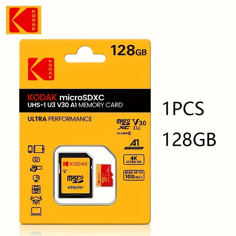 Kodak Micro SD karta TF xotira kartasi adapter bilan, 32GB, 64GB yoki 128GB sig'imda mavjud, C10 A1 TF flesh-karta.