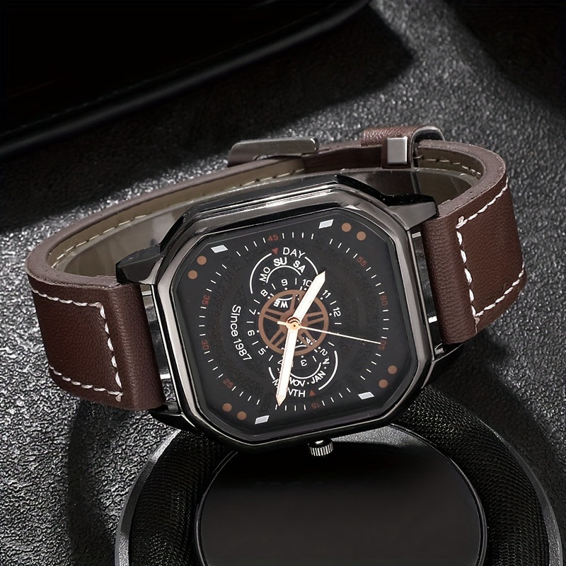 Men's Business Watches and Bracelets Set of Five with Leather Straps and Metal Bands