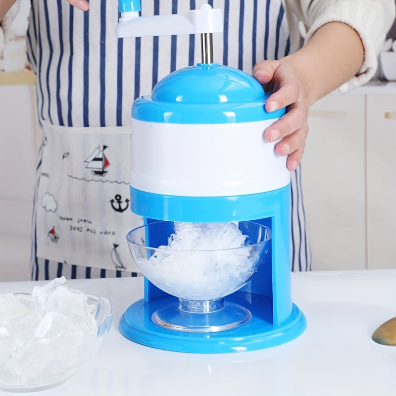 Hand-Cranked Snow Cone Maker Blue and White Plastic for Ice Cream and Cocktails