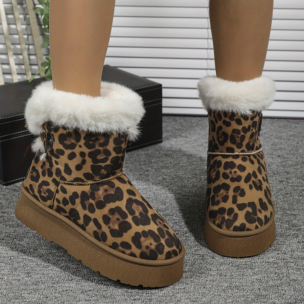 Women's Leopard Print Snow Boots Cozy Plush Lined Slip-Resistant Durable