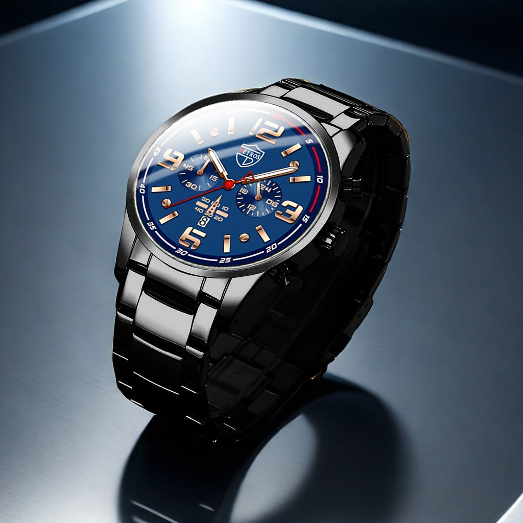 Set of 3 Men's Quartz Watches Stainless Steel Band Analog Calendar Wristwatches for Business and Gifting