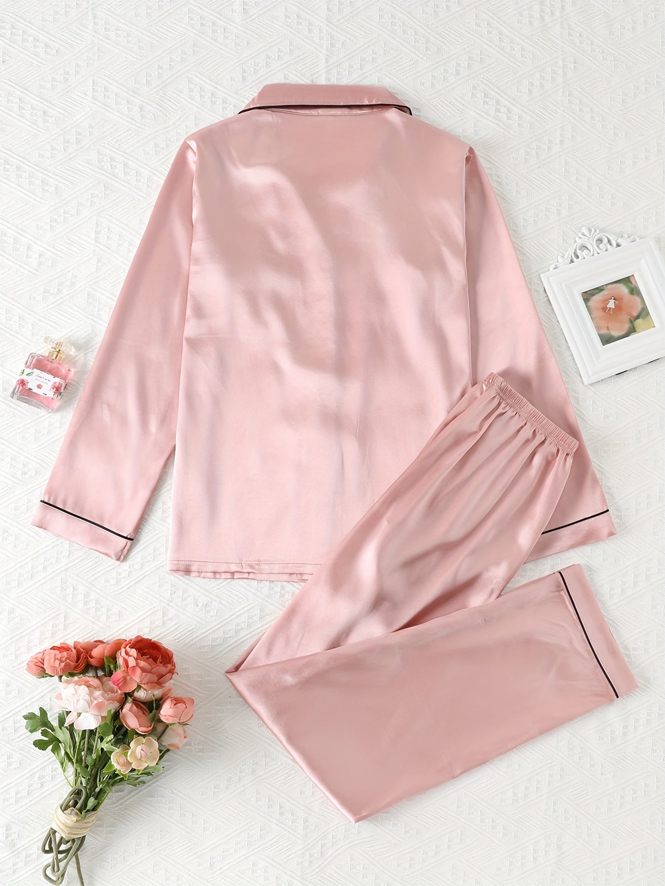Women's Satin Pajama Set Long Sleeve Winter Solid Color Elastic Waist Lounge Sleepwear