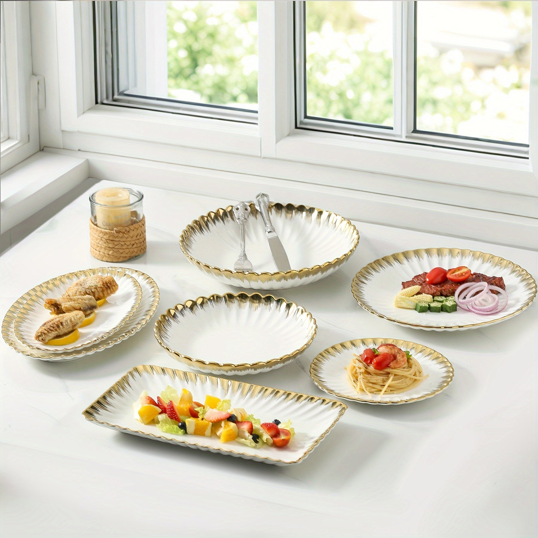 Set of 4 Ceramic Dinner Plates with Gold Rim for Pasta Salads and Desserts Dishwasher Safe Home and Restaurant Use