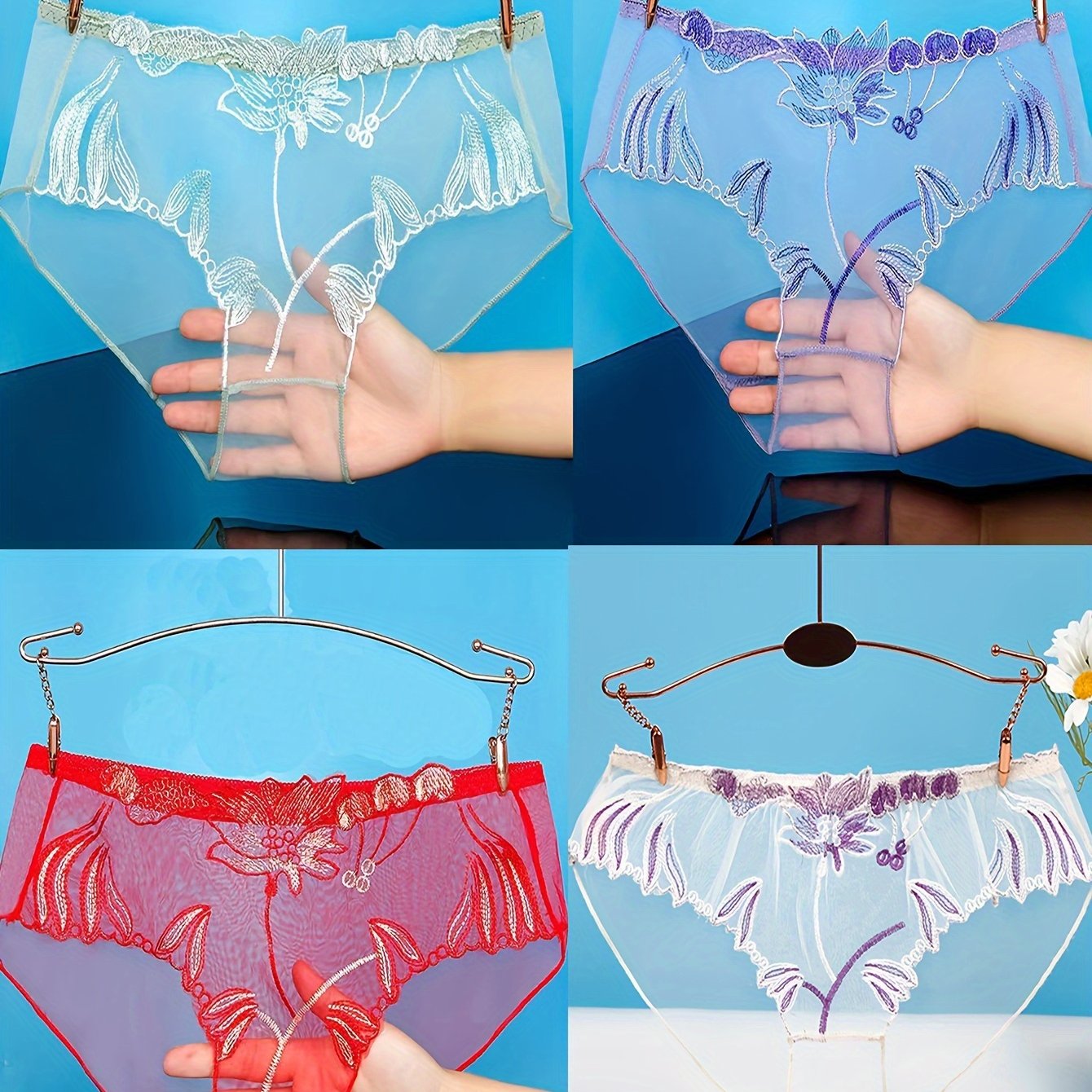 Set of 4 Women's Embroidered Low-Rise Lace Briefs Sexy Lingerie Underwear