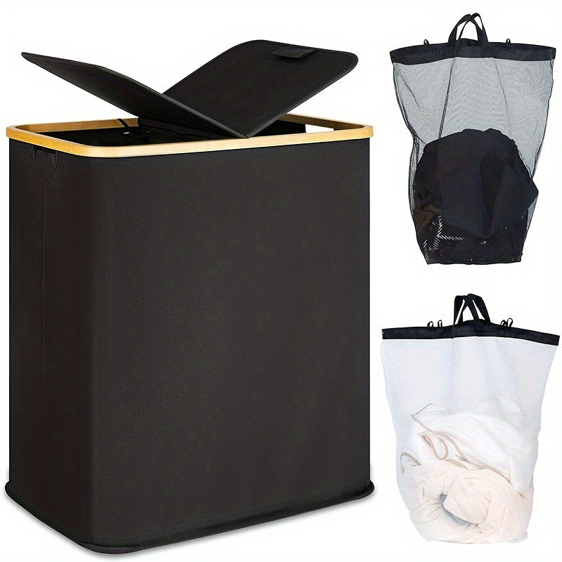 Large Double Layer Laundry Basket with Lid and Removable Washable Pockets for Bedroom Bathroom Dorm