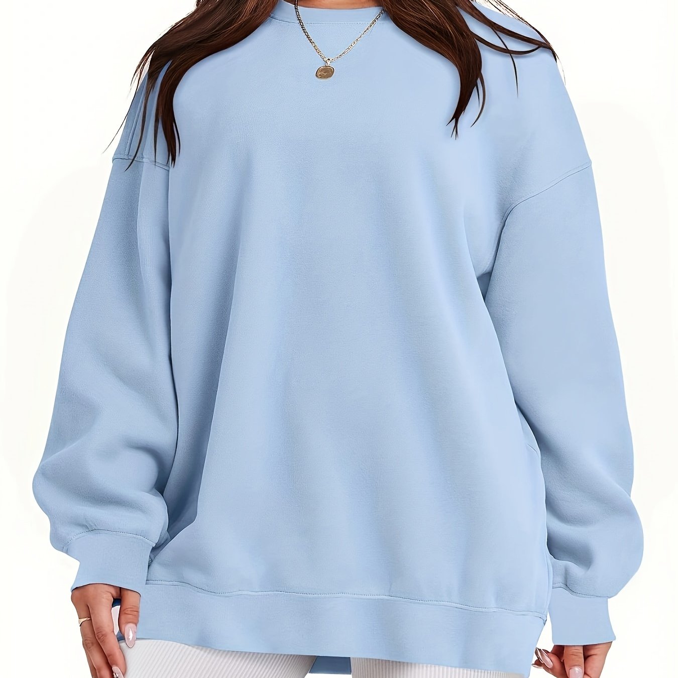 Women's Loose Cotton Long Sleeve Hoodie Round Neck Solid Color Pullover