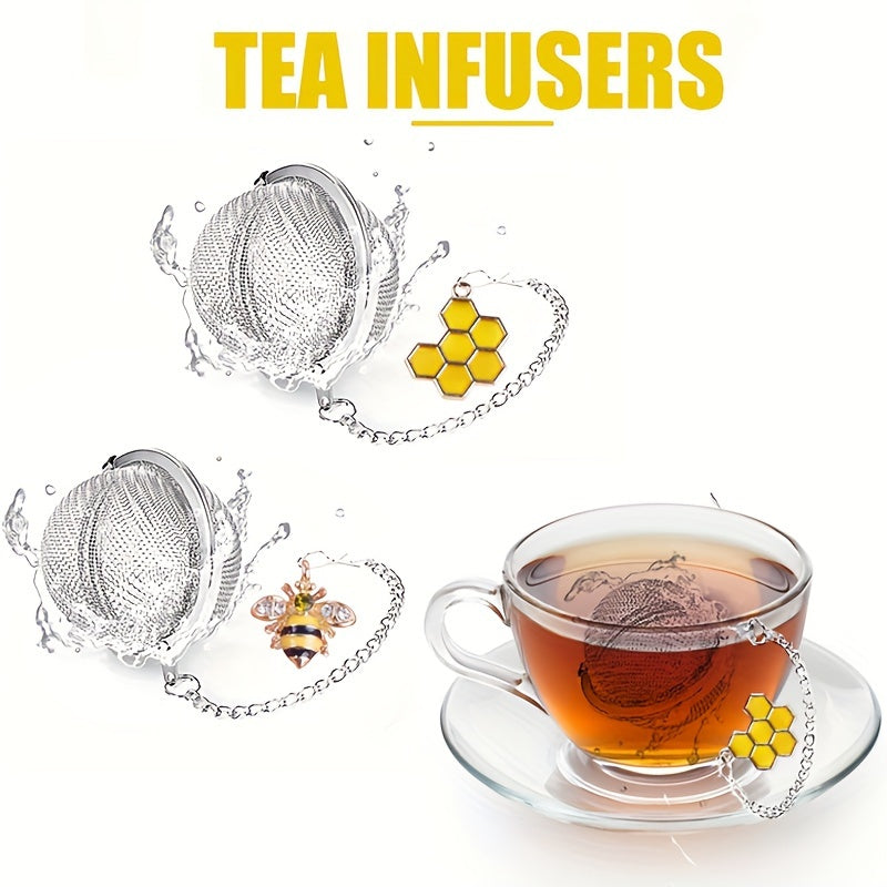 Set of 2 Stainless Steel Tea Strainers with Honeybee and Beehive Designs for Loose Leaf Tea