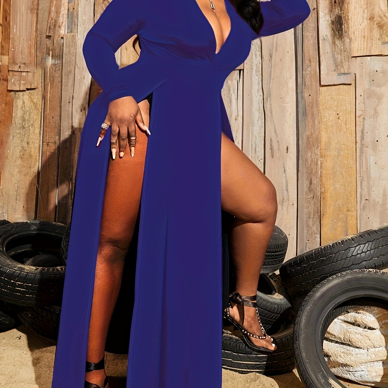 Plus Size Deep V High Slit Nightgown Sexy Home Dress