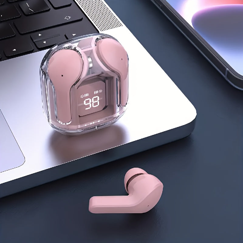 Wireless Mini Earbuds with LED Display Transparent Charging Case for On-the-Go Use