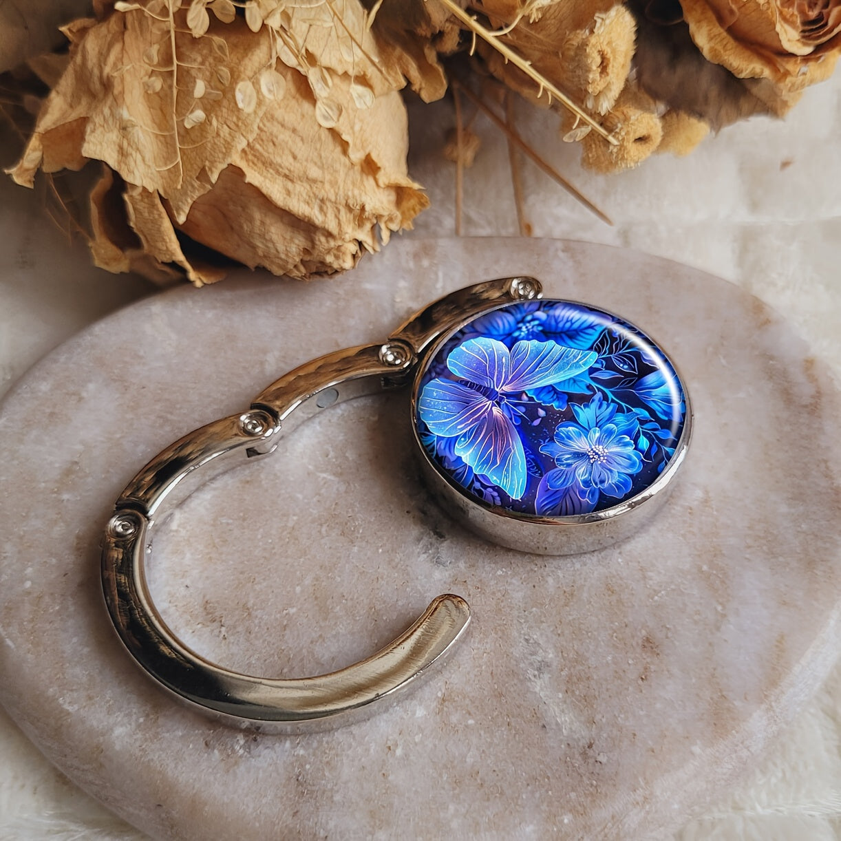 Gancho portátil plegable para bolso azul mariposa colgador de mesa para bolso soporte de bolsa