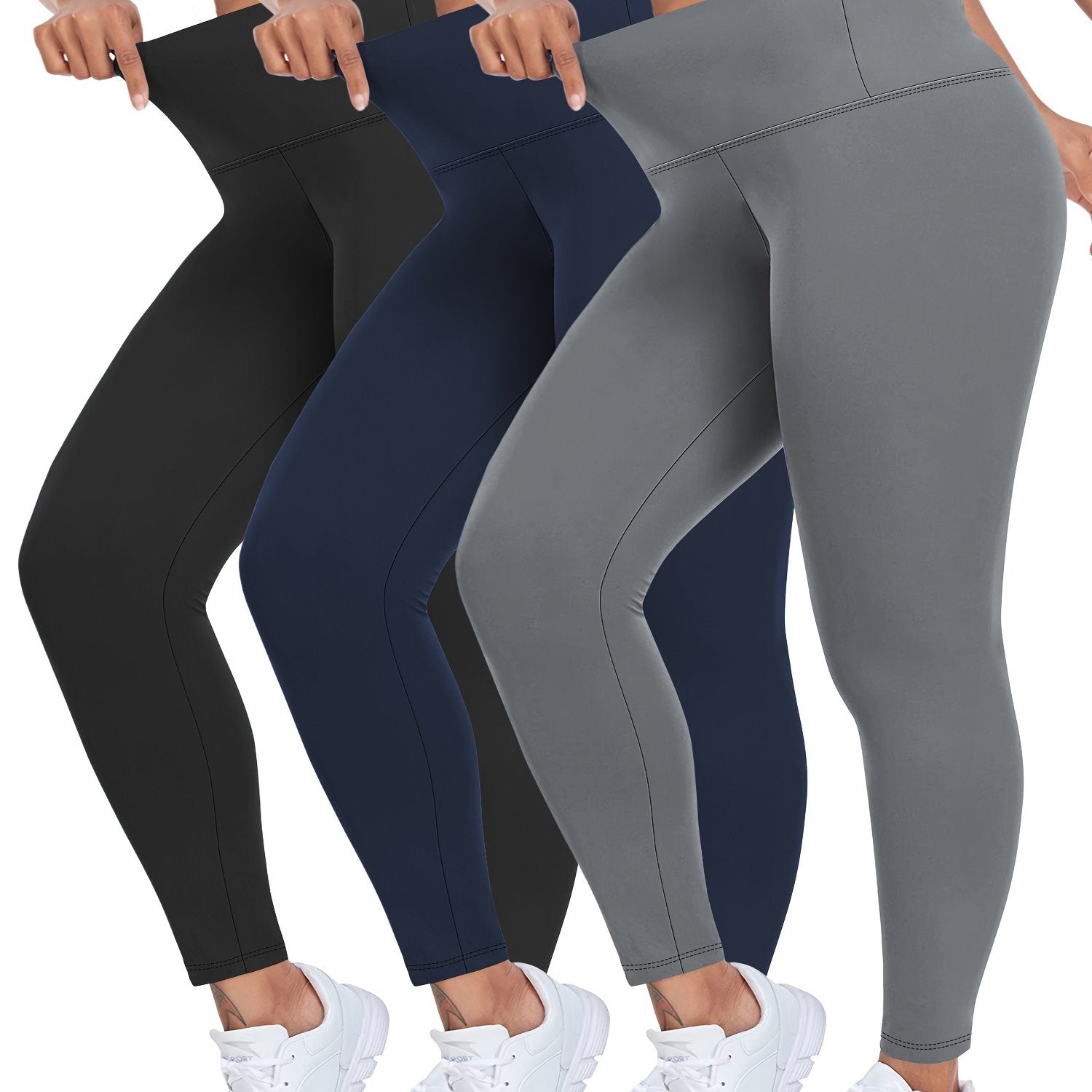 Leggings de talla grande de cintura alta de color sólido, pack de 3