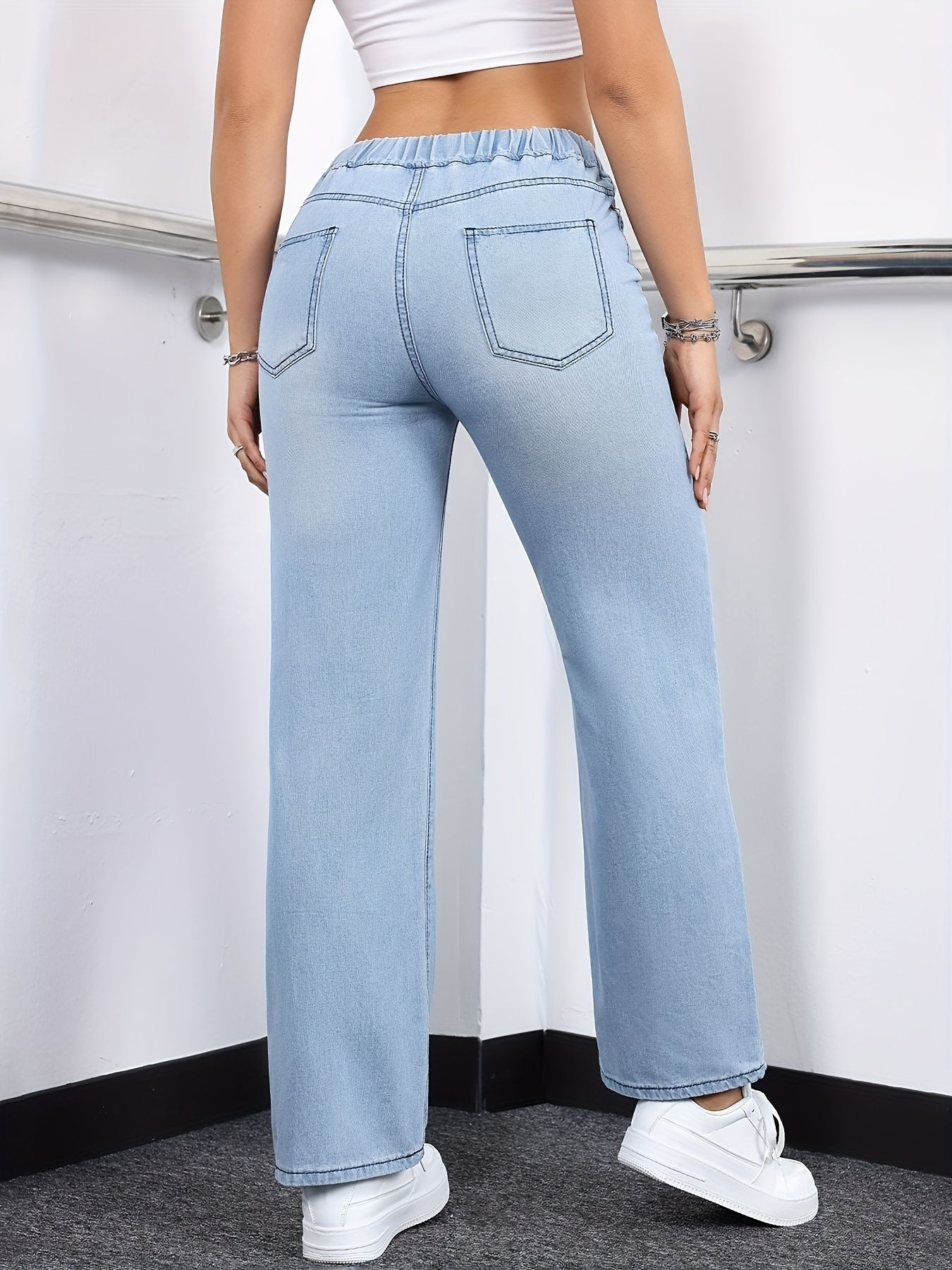 Jeans de mezclilla para mujer de pierna recta para todas las estaciones con cintura elástica de color sólido