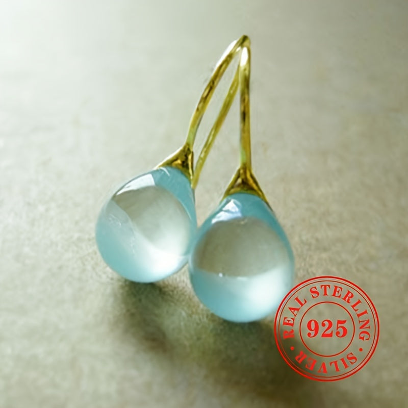 Sterling Silver Dangle Earrings for Women with Faux Sea Blue Gemstones