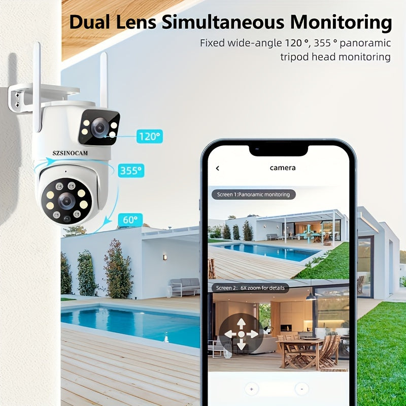 Dual Lens WiFi Security Camera with AI Human Tracking Color Night Vision Two-Way Audio Motion Alerts Pan Tilt Surveillance