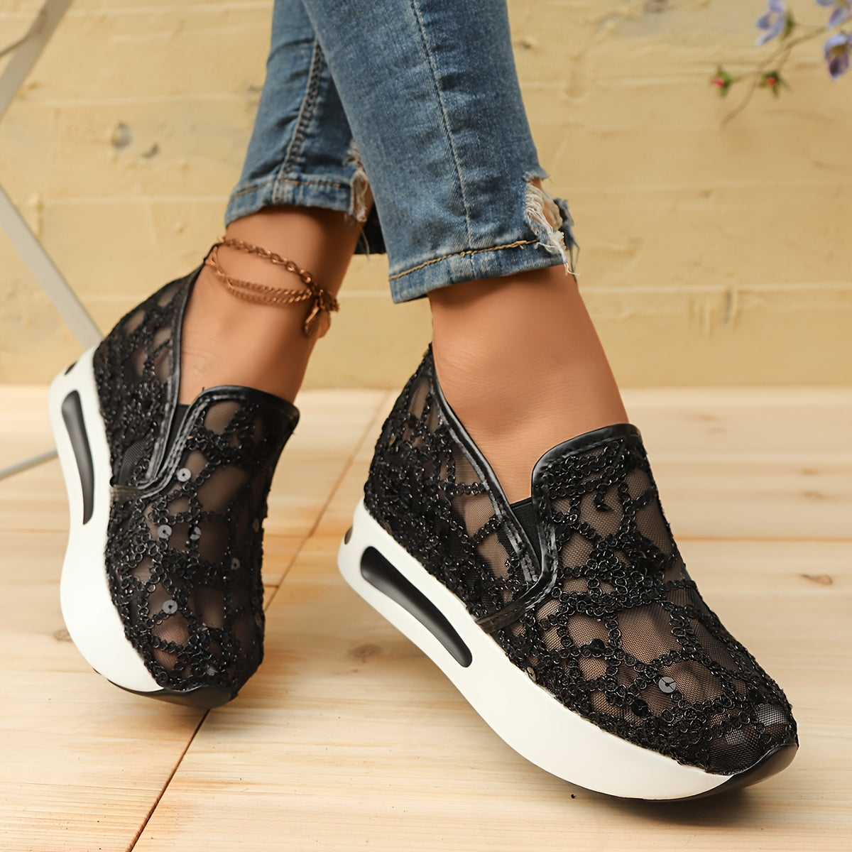 Women's Black Mesh Slip-On Sneakers with Cushioned Sole and Side Zipper
