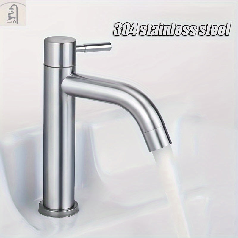 304 Stainless Steel Single Cold Water Faucet Brushed Finish Ceramic Valve Easy Install