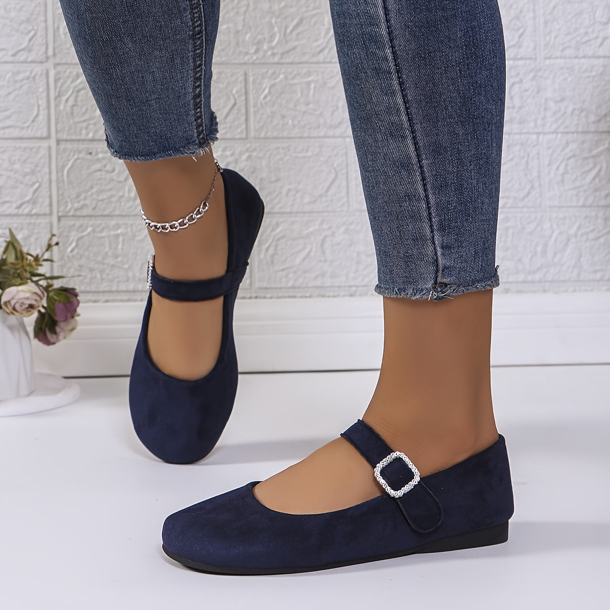 Ayollar Mary Jane tuflari, rhinestone tokchali, yashil, yengil fleece, qulay