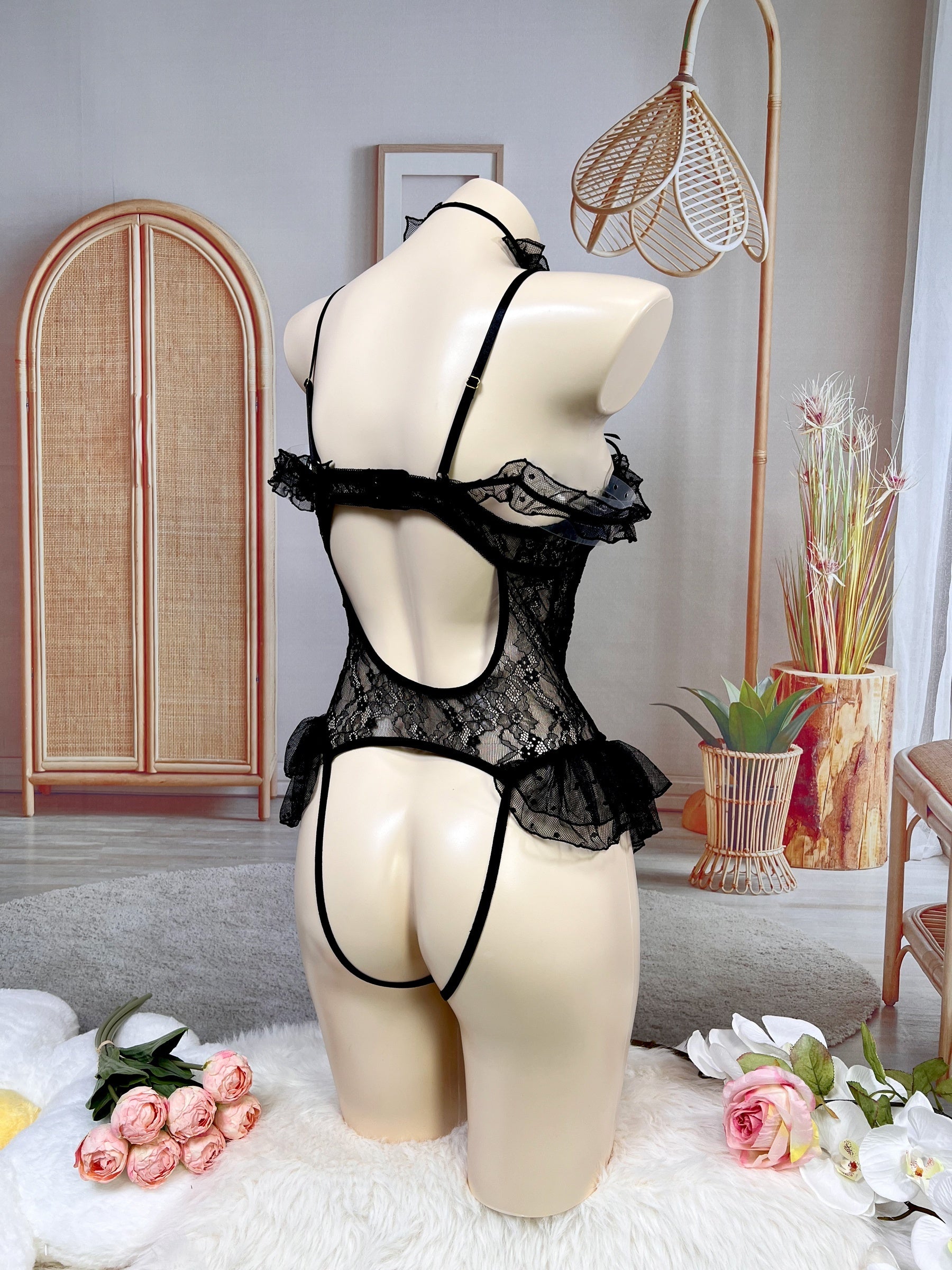 Women's Black Sleek Shoulder Strap Bodysuit Lingerie Top