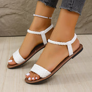 Women's Summer Sandals White Braided Flat Ankle Strap Beach Casual