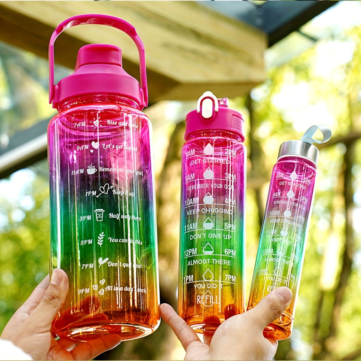 Set of 3 Gradient Water Bottles 2000ml Leakproof for Hiking Camping Fitness