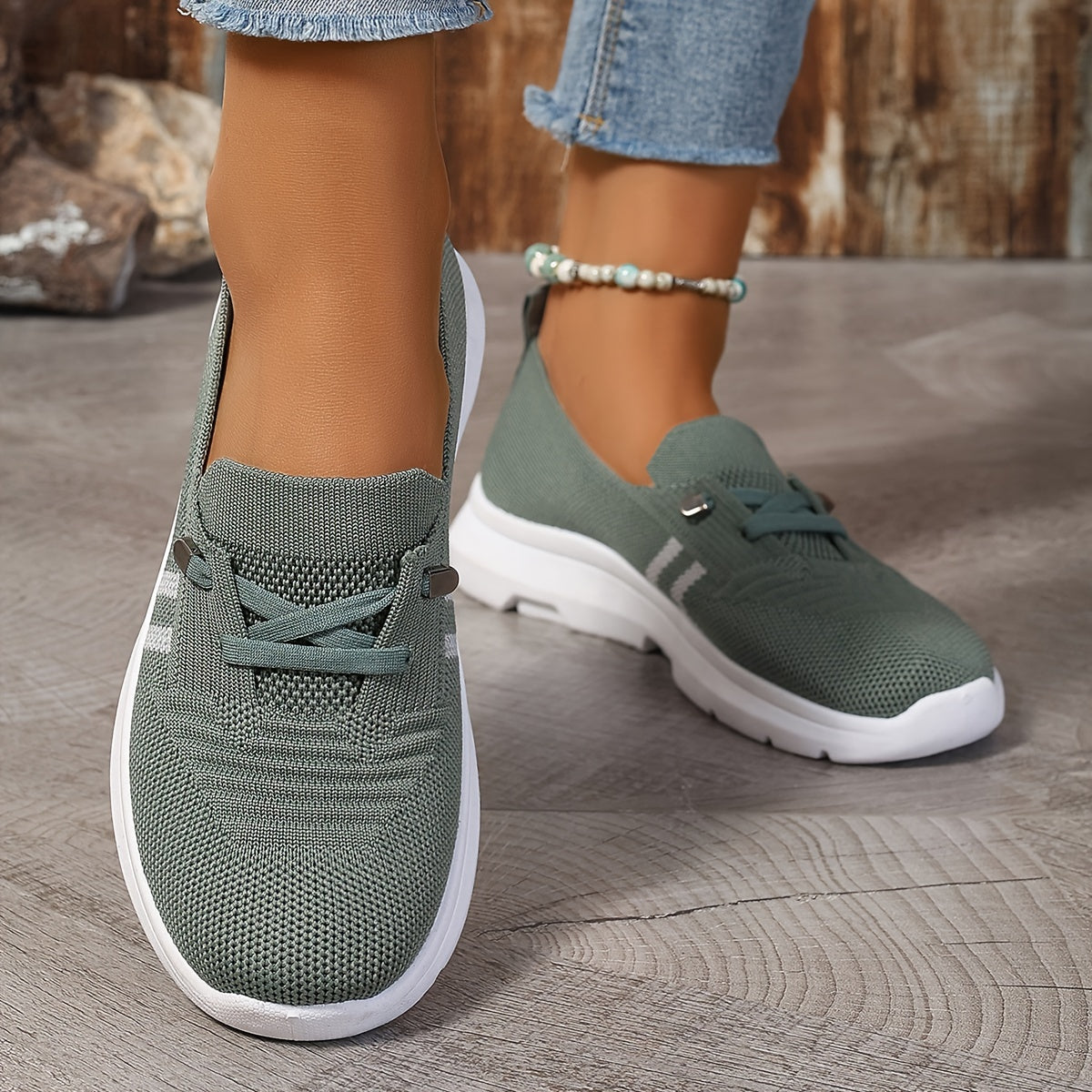 Ladies Breathable Casual Slip-On Sneakers Low Top Fabric Stripes