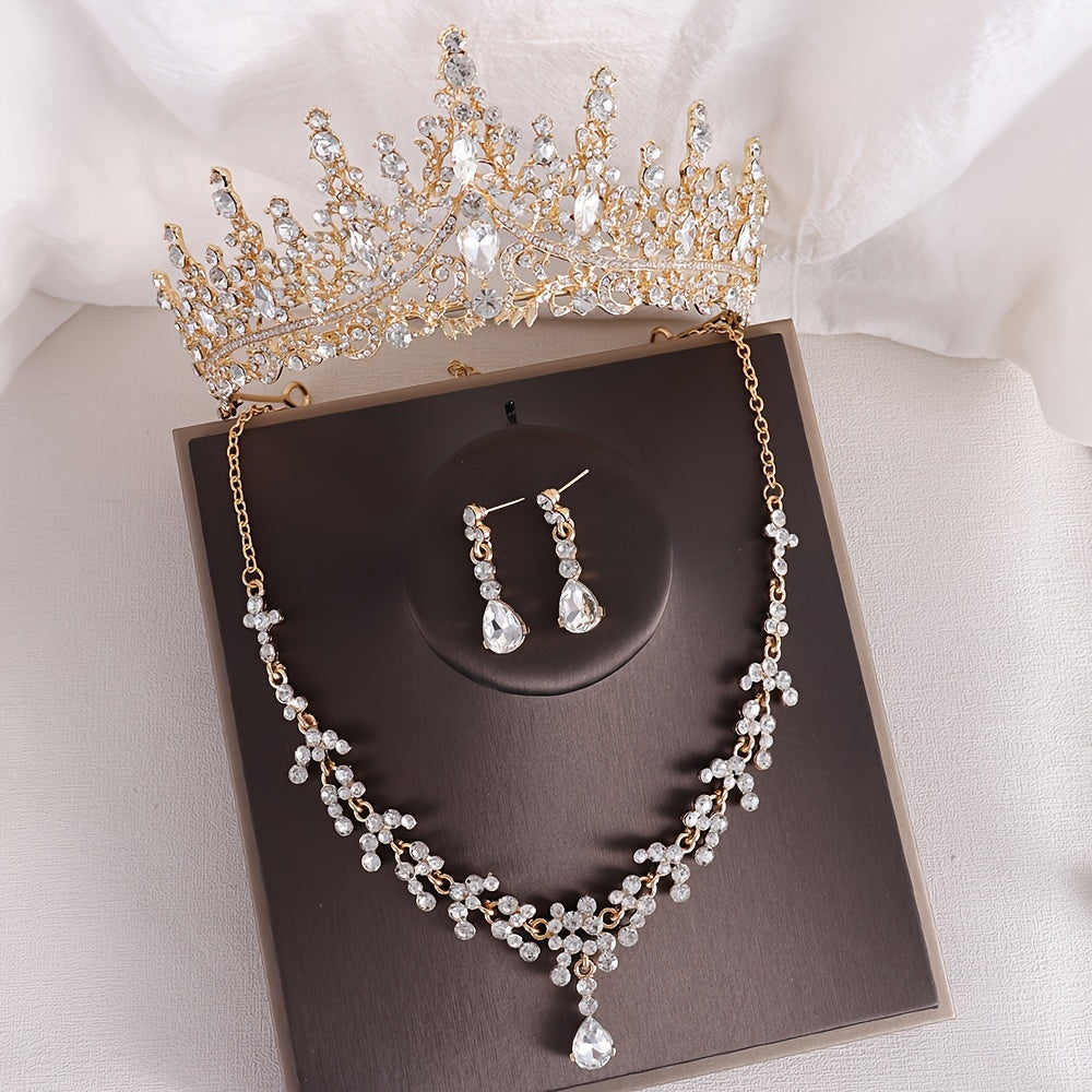 Vintage Baroque Rhinestone Crown Necklace and Earrings Set for Bridal and Wedding