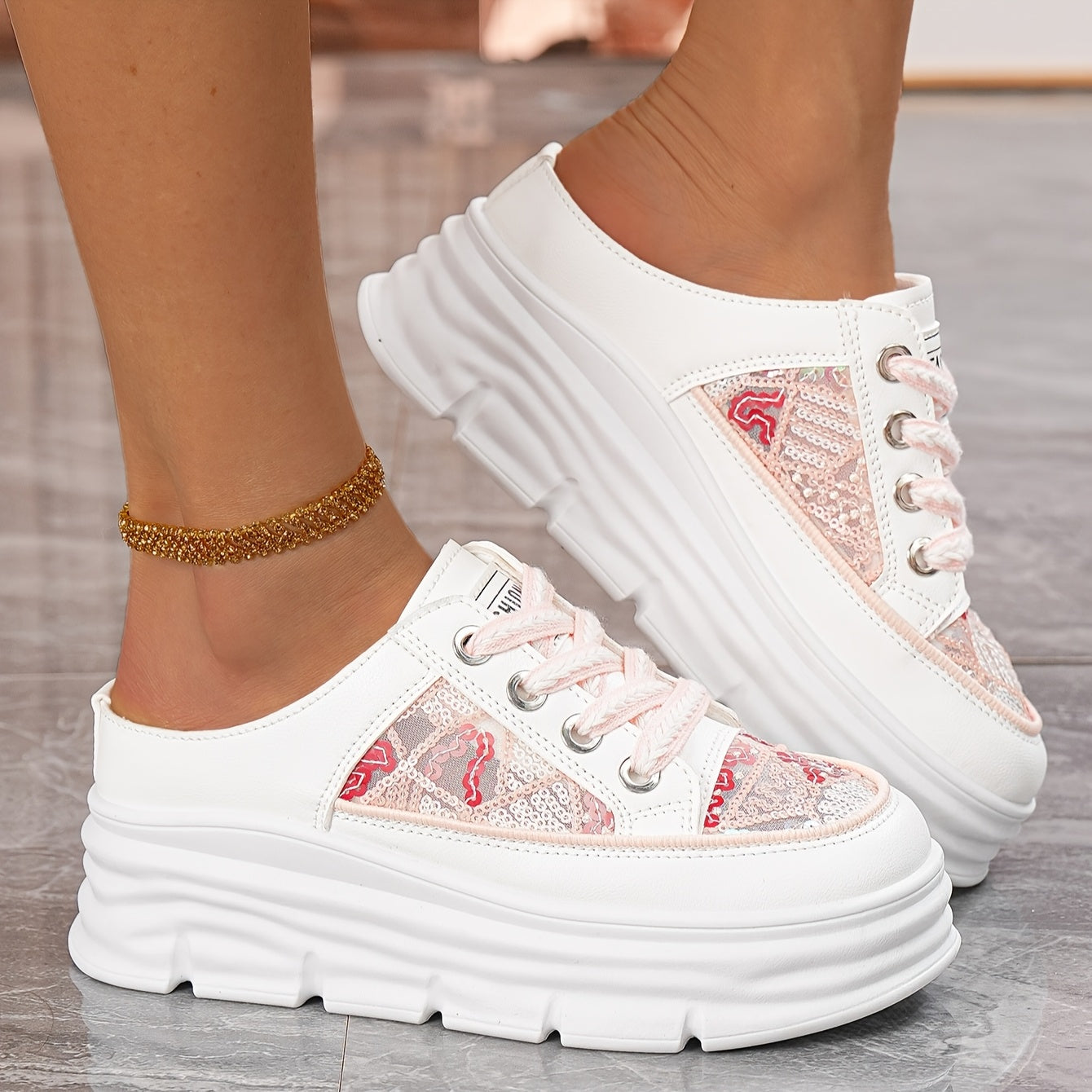 Women's Sequin Slip-On Wedge Sandals With Chunky Sole, Breathable Lace-Up Summer Shoes