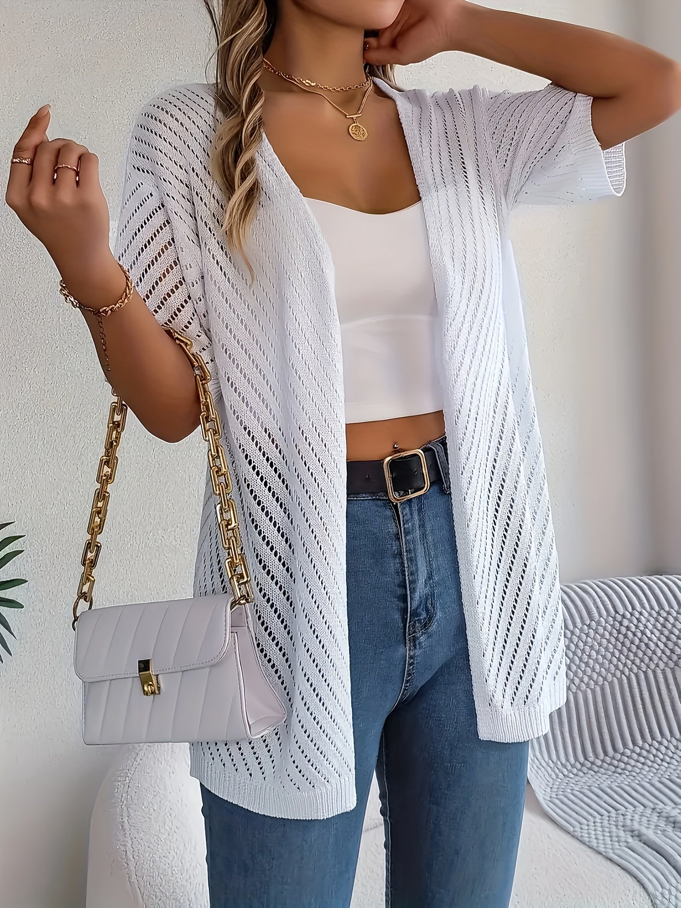 Cárdigan de manga corta transpirable con agujeros para mujer para primavera y verano