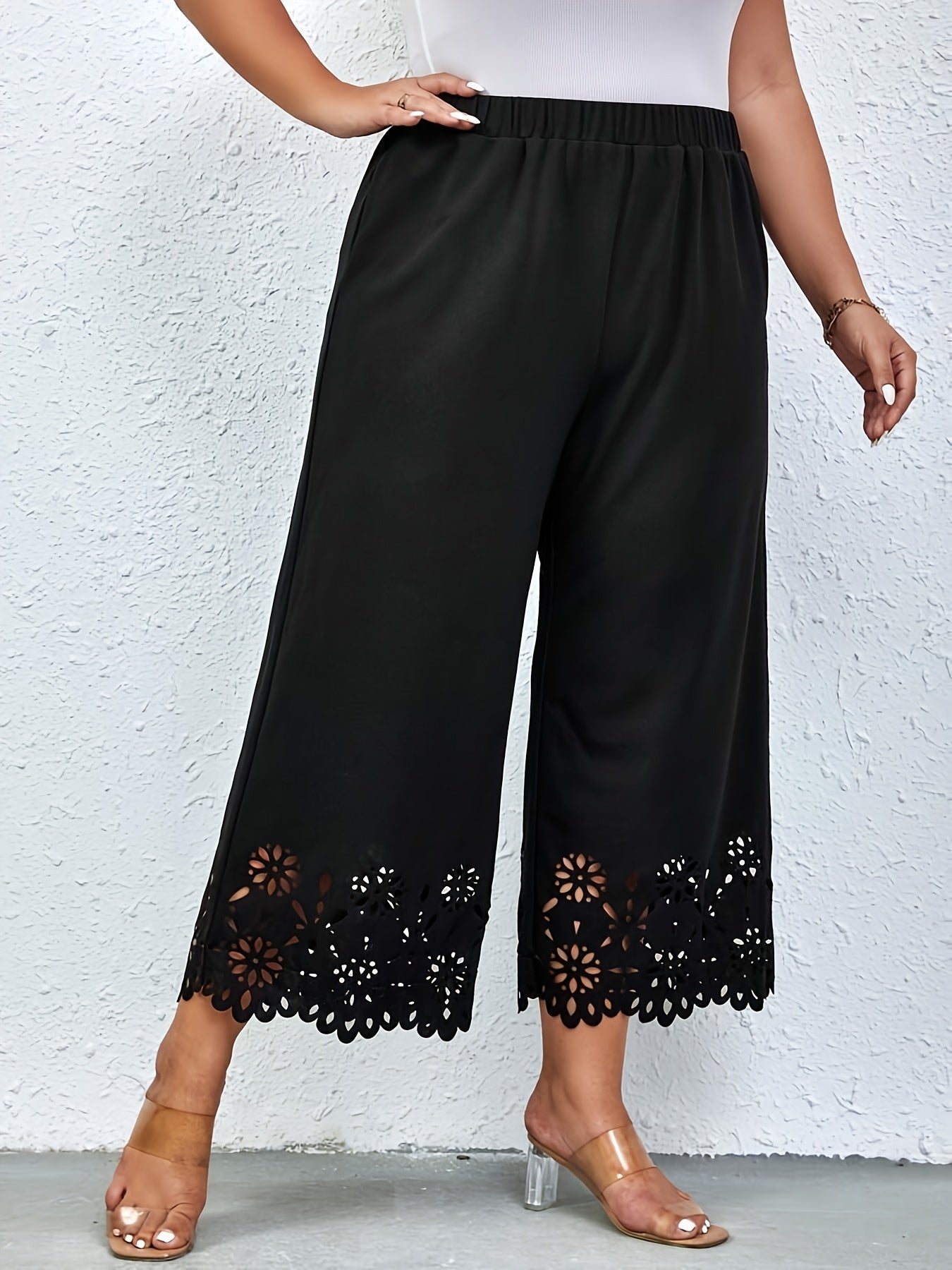 Plus Size Lace Trim Wide Leg Pants Casual Elastic Waist Spring Summer Womens