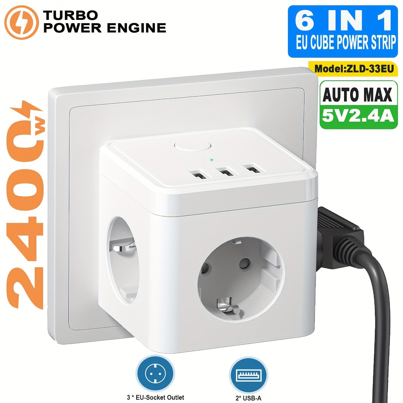 6-in-1 Power Strip Cube Outlet with 3 USB Ports Surge Protection 2500W for Home Office Travel