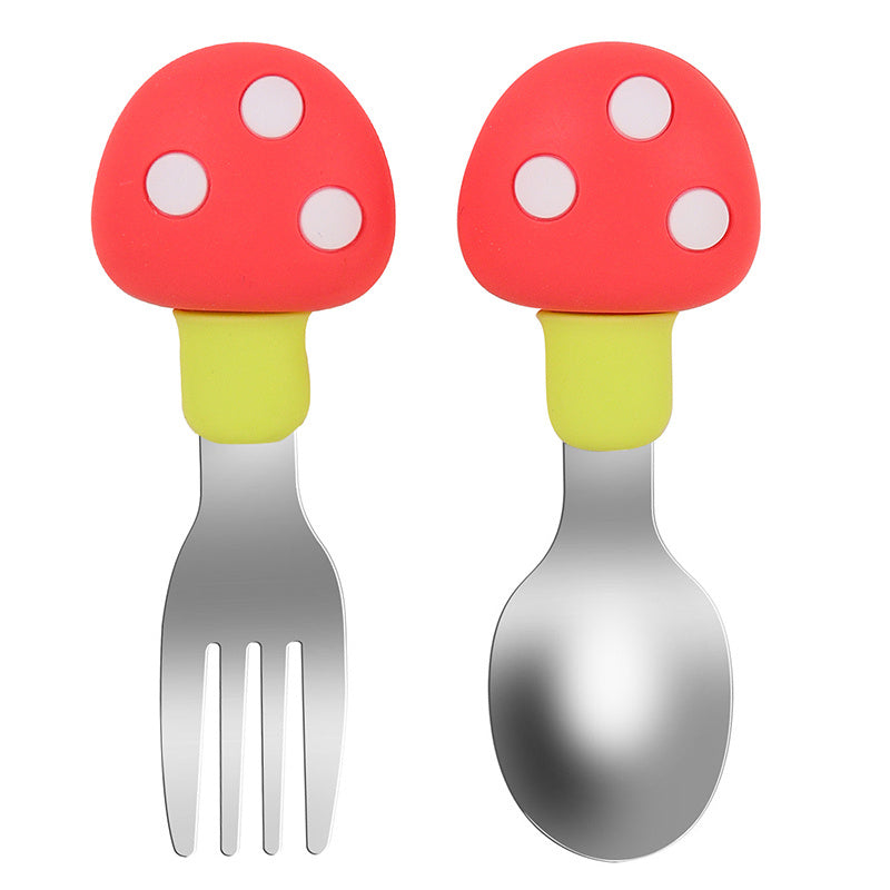 Set de utensilios de silicona para alimentar a bebés con diseño de seta, cuchara y tenedor