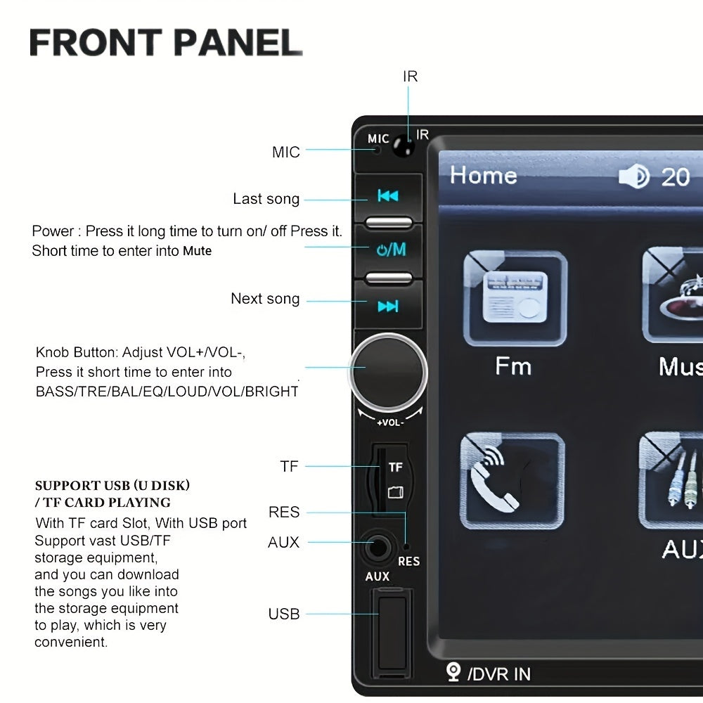 17.78cm Touch Screen Double Din Car Stereo with MP5 Player Wireless Hands-Free Mirror Link USB TF Aux
