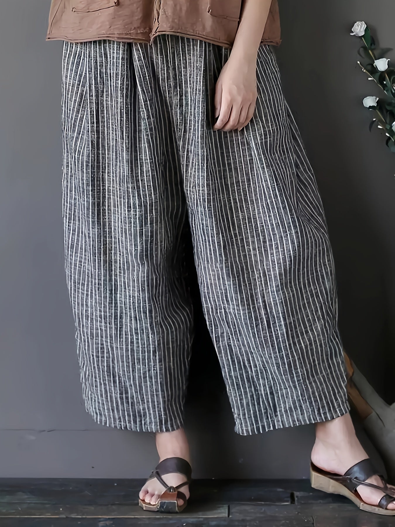 Women's Plus Size Vertical Striped Harem Pants Breathable Cotton Casual
