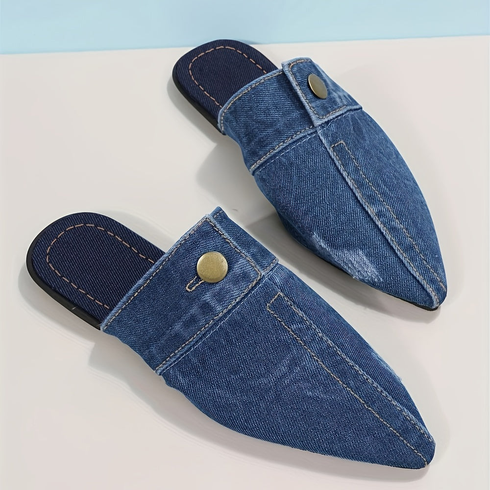 Women's Denim Flat Mules with Pointed Toe Slip-On Casual Outdoor Shoes