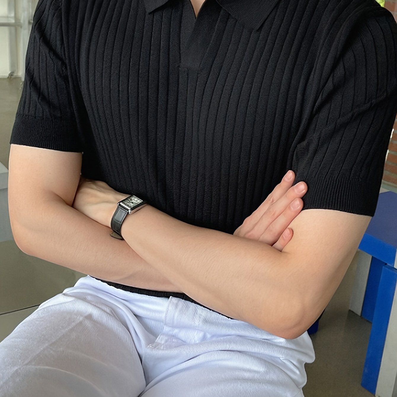 Men's Solid Ribbed Short Sleeve Golf Shirt Casual Summer Regular Fit Mid Stretch