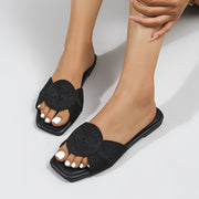 Women's Black Woven Flat Slide Sandals for Summer Beach Casual