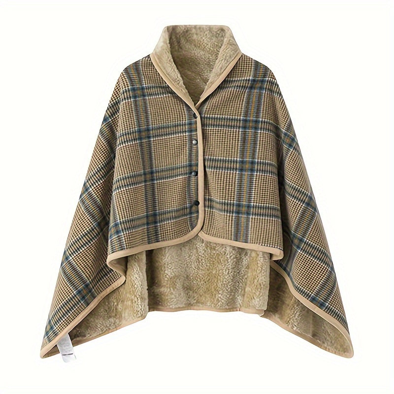 Reversible Plaid Wool Shawl for Women Thick Cozy Winter Wrap with Button Closure