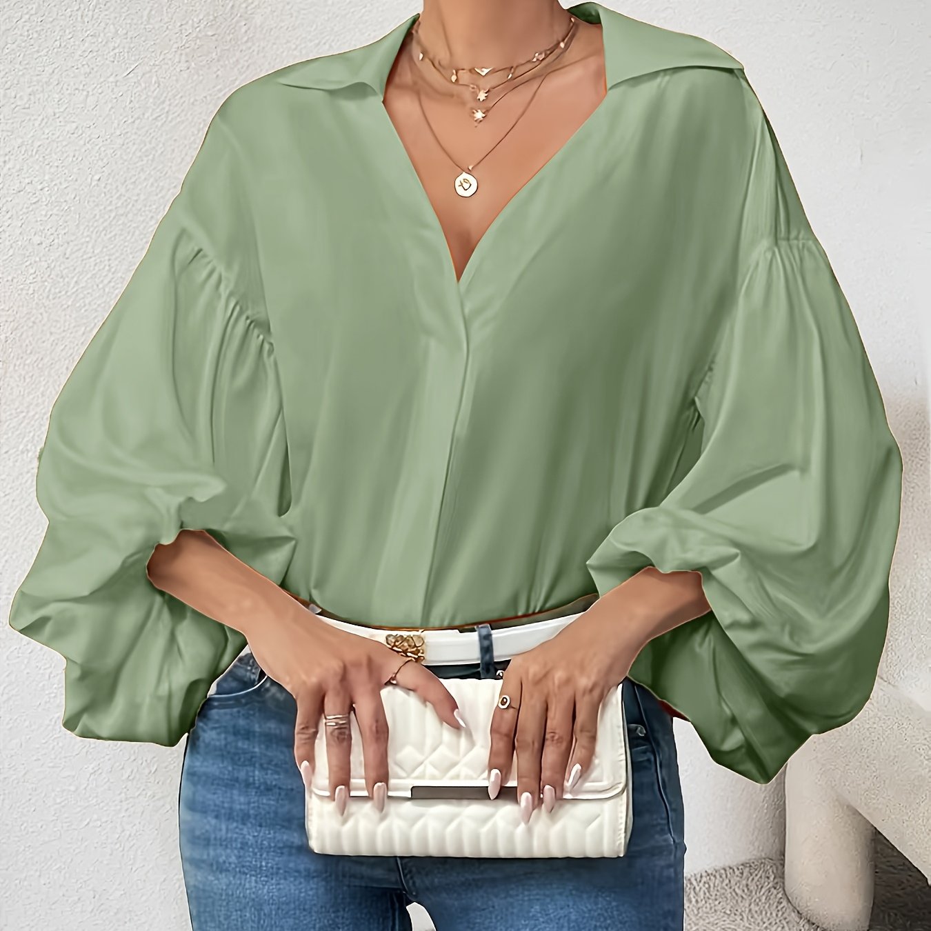 Ayollar uchun Noyob Ko'k V-yuynli Bluz Uzun Qo'l To'liq Kundalik kiyim