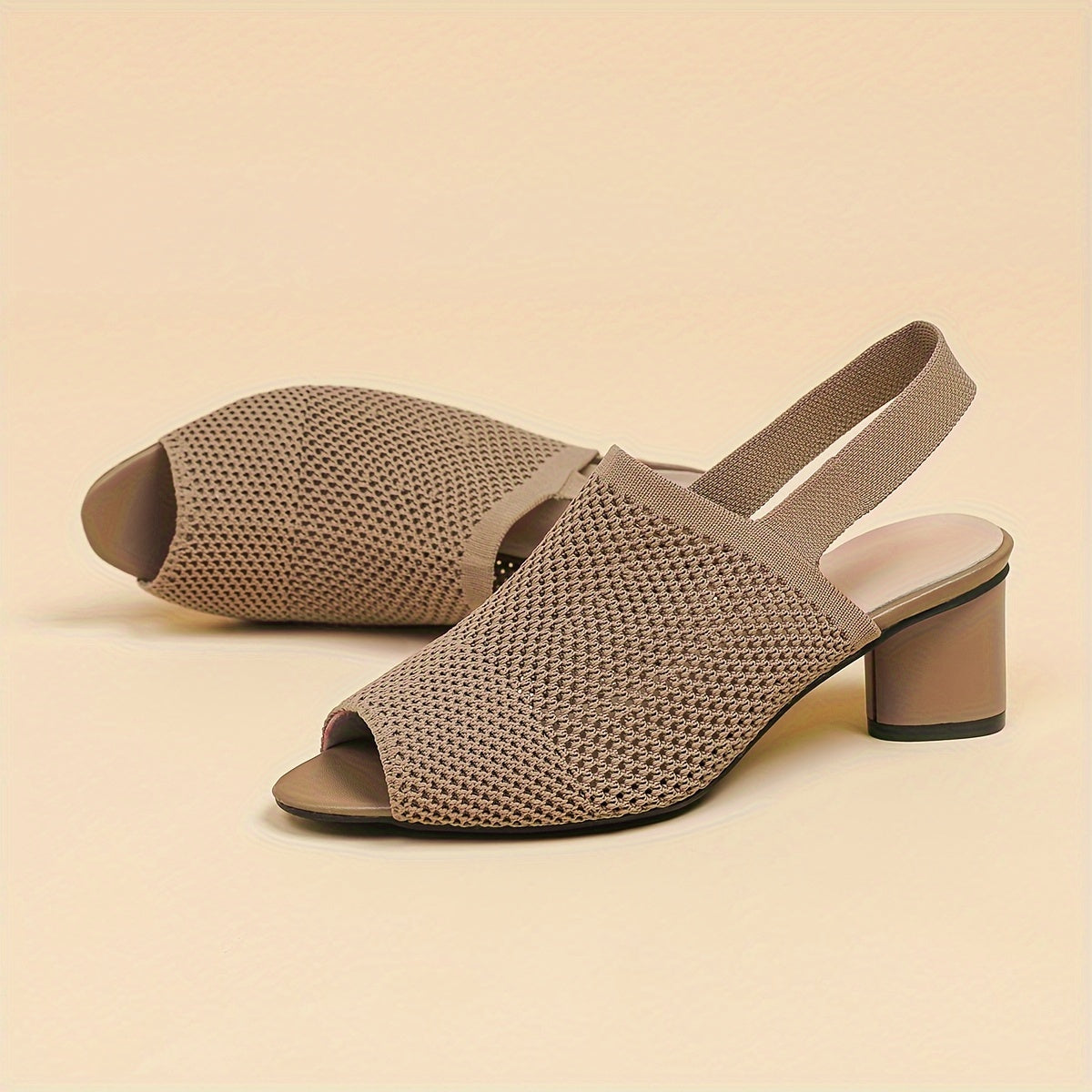 Women's Mesh Peep-Toe Chunky Heel Sandals Slip-On Elastic Ankle Strap Mid Heel