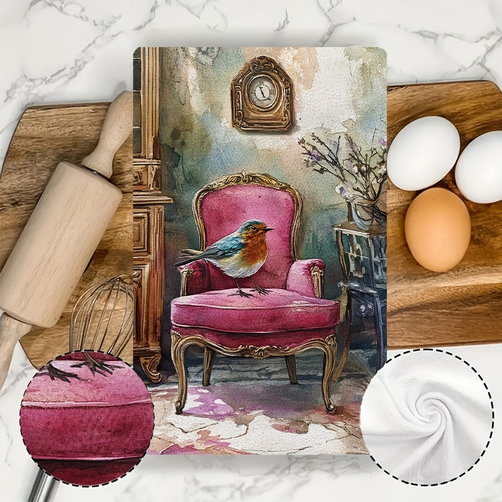 Set of 2 Vintage-Inspired Pink Bird Dish Towels, Soft, Absorbent, 16x24 Inches