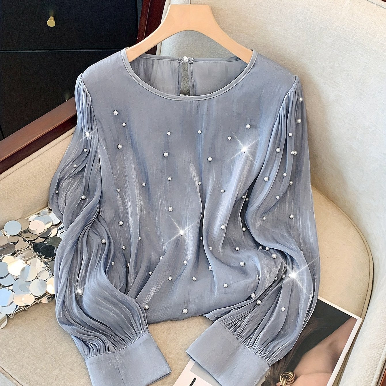 Women's Beaded V-Neck Blouse Long Sleeve Polyester Elegant French Style for Spring Fall Events