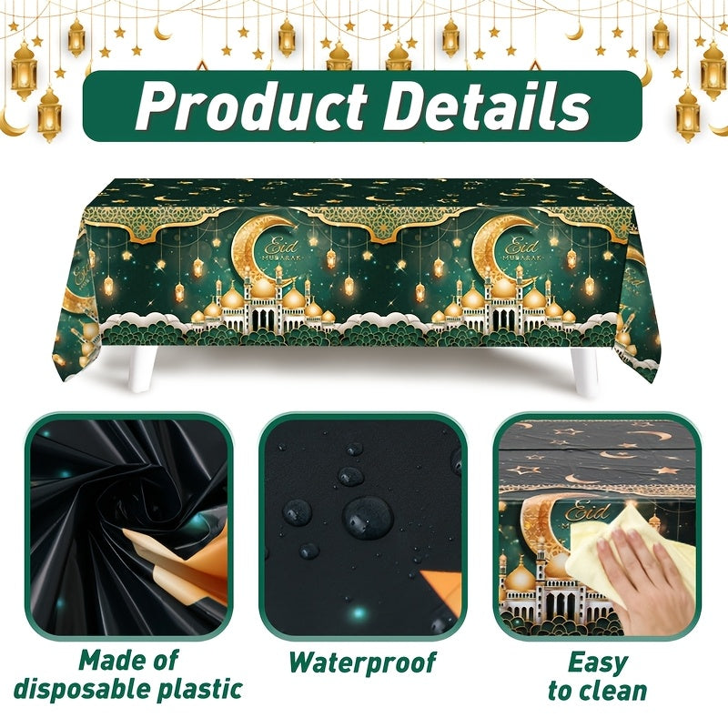Green and Gold Eid Mubarak Tablecloth 130x220cm Plastic Ramadan Eid Celebration