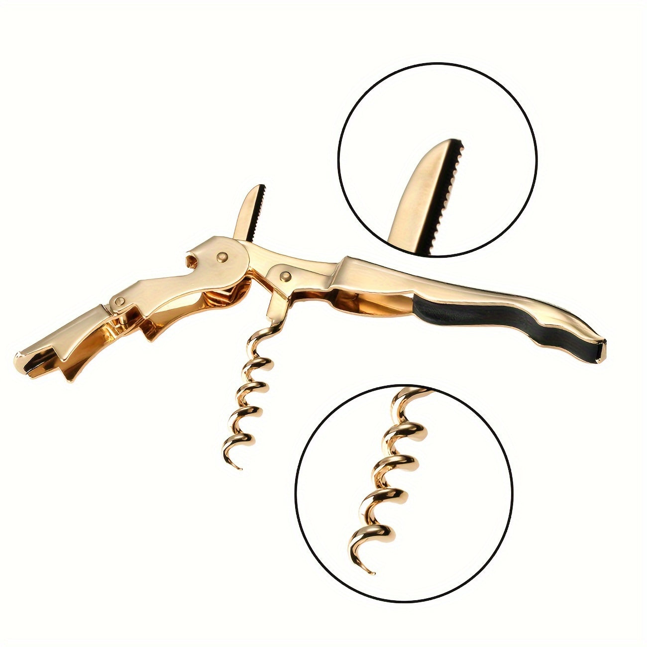 Gold-Toned Wine Opener with Serrated Knife and Double-Hinged Fulcrum