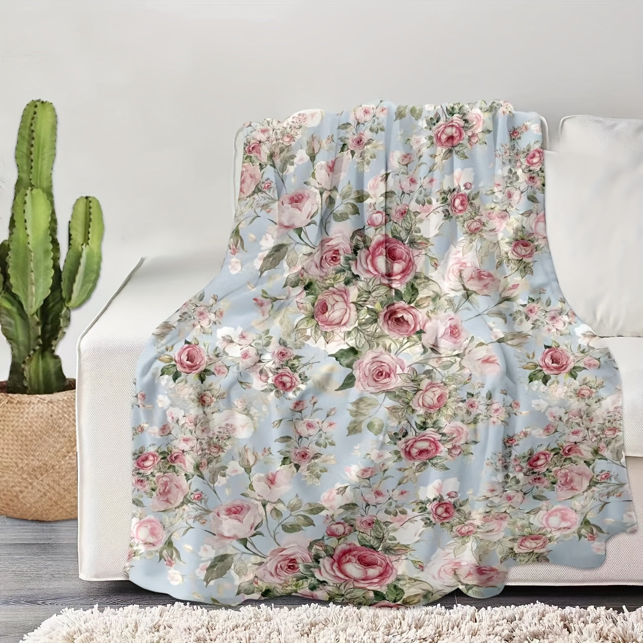 Flannel Blanket with Floral Rose Print Cozy Soft for Couch Bed Travel