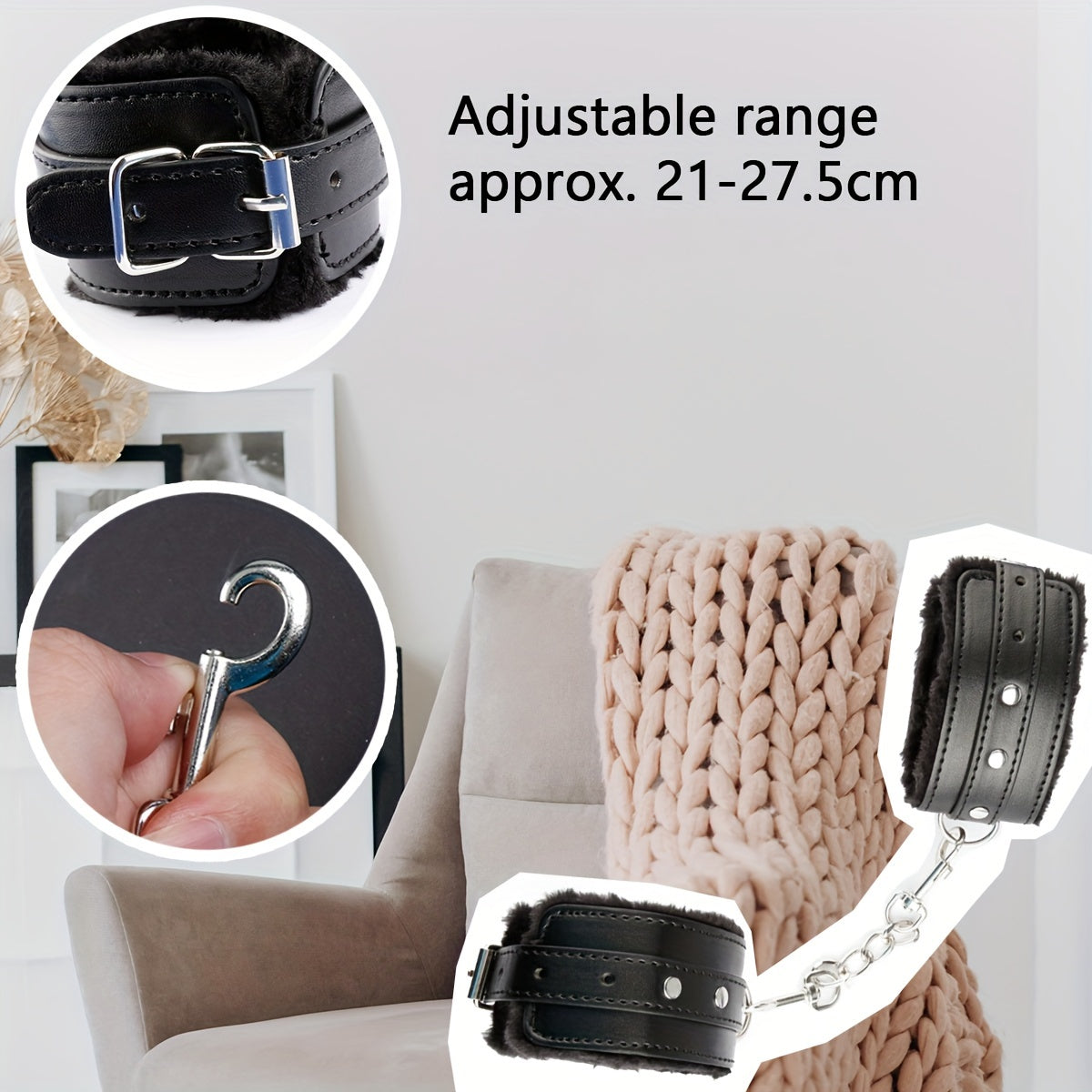 Faux Leather Handcuffs with Plush Lining Adjustable for Yoga and Home Use