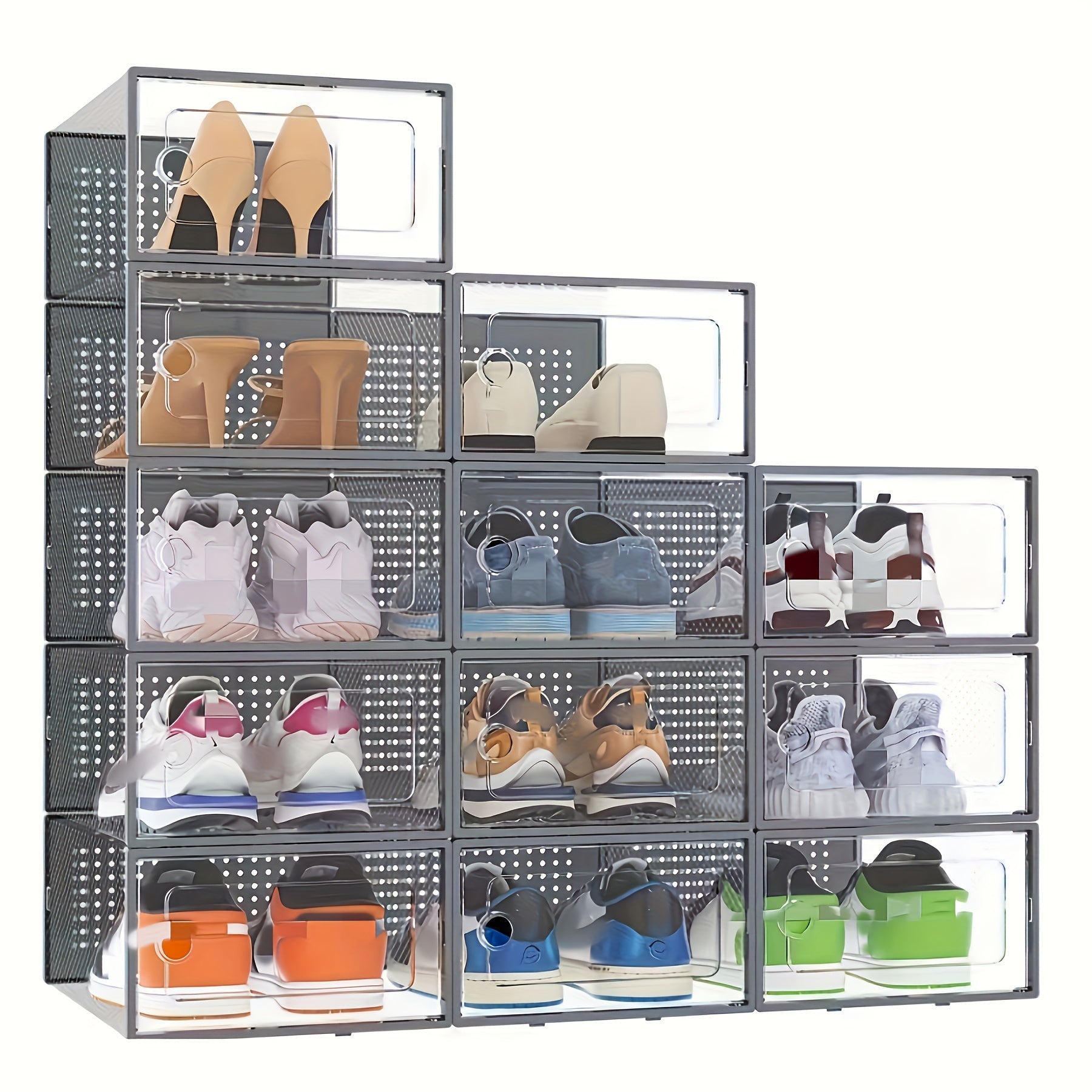 12 Pack Black Transparent XL Plastic Shoe Storage Boxes with Lids