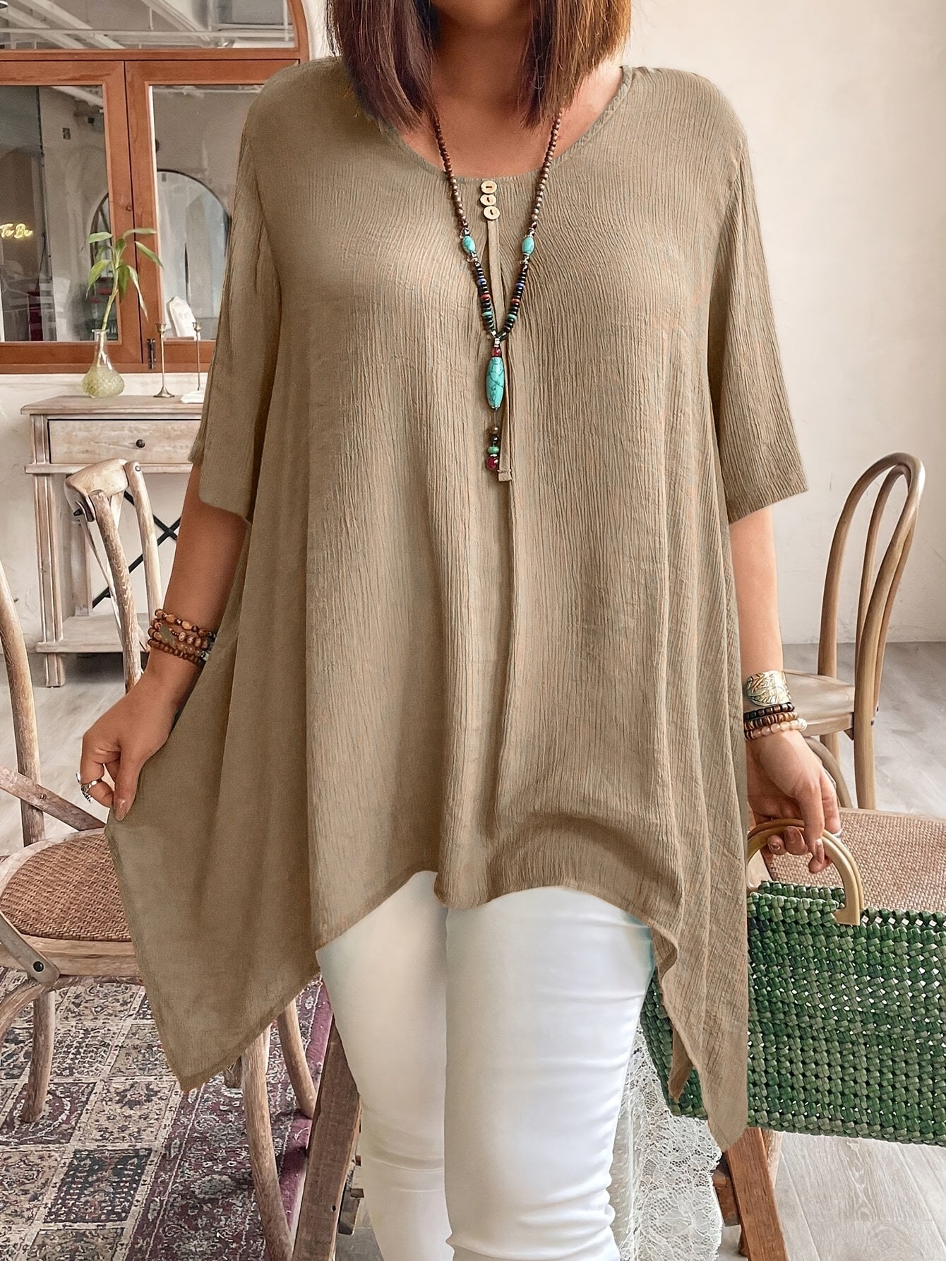 Women's Short Sleeve Shirt Casual Asymmetrical Hem Solid Color Blouse